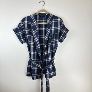 Pendleton Women's Medium Wool Short Sleeve Plaid Open Cardigan Jacket Belt Blue